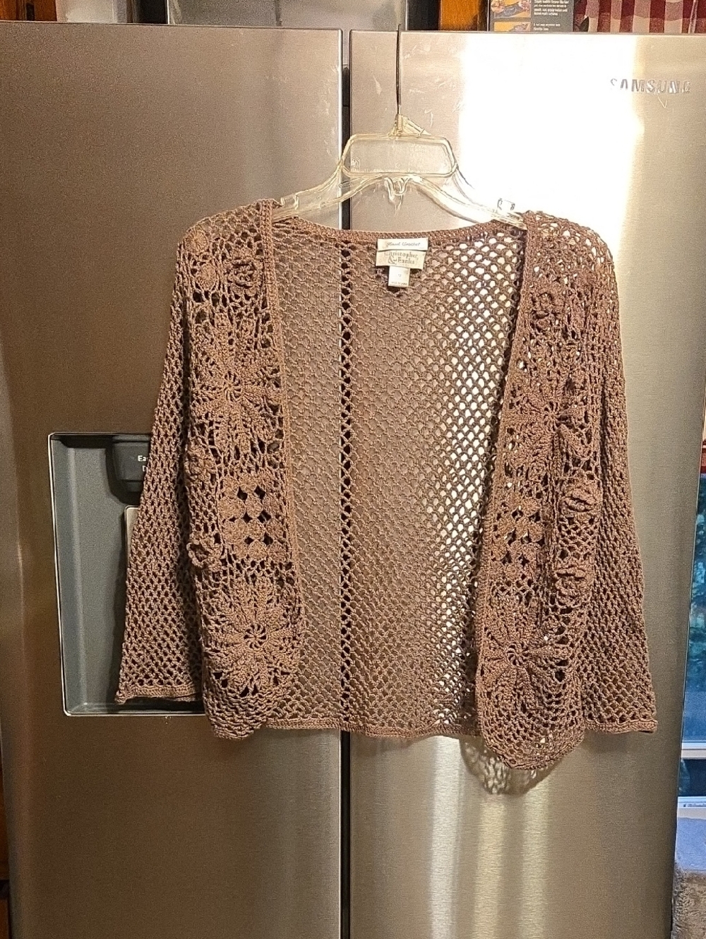Christopher & Banks Open-Front Crochet Cardigan in Taupe Brown